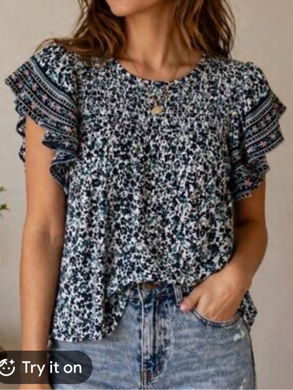 Lucky Brand top Sz M EUC Navy Blue floral smocked front